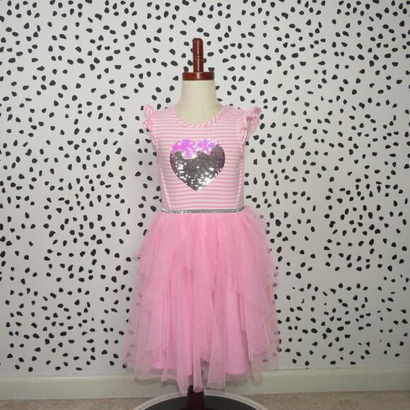Pink & Violet Striped Sequin Heart Tulle Layered Girls Dress - Picture 1 of 6